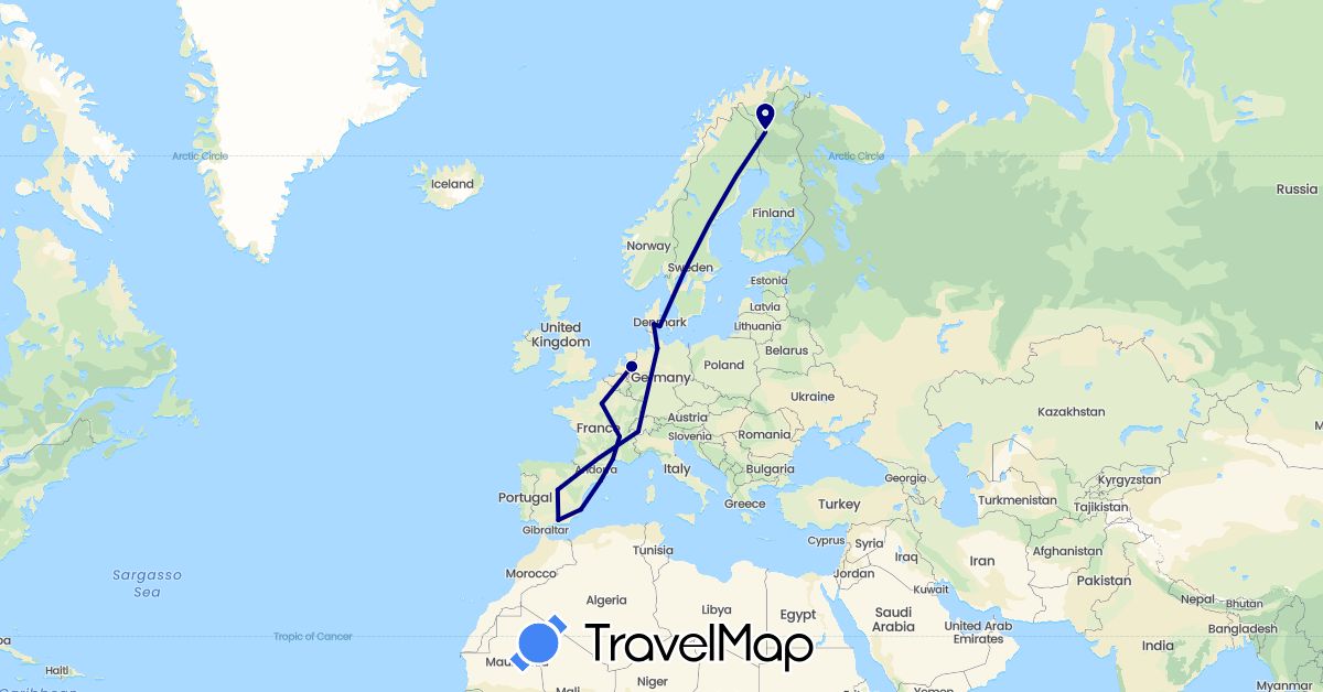 TravelMap itinerary: driving in Switzerland, Germany, Denmark, Spain, Finland, France, Netherlands (Europe)